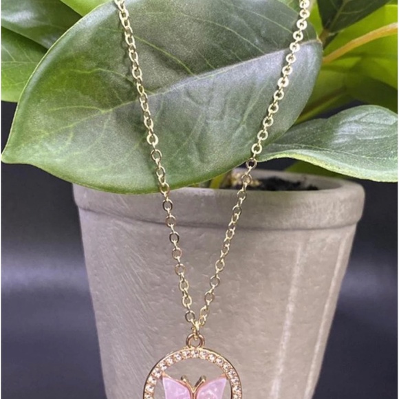 18K Gold Butterfly Pink, Diamond Ring Necklace SS and Matching Earrings - Picture 3 of 4